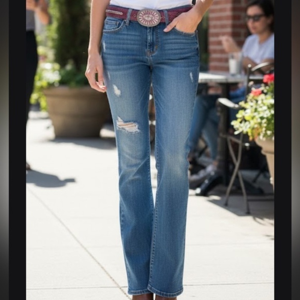 Trendy Blue Flare Jeans with Distressed Look